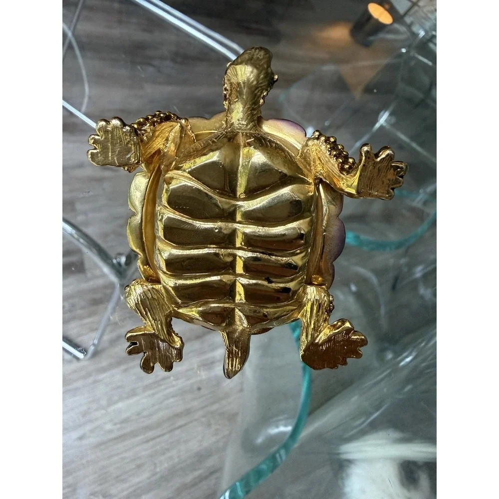 Jeweled Enamel Turtle Trinket Box Hinged Magnetic Pill Box Rhinestone Gold Tone